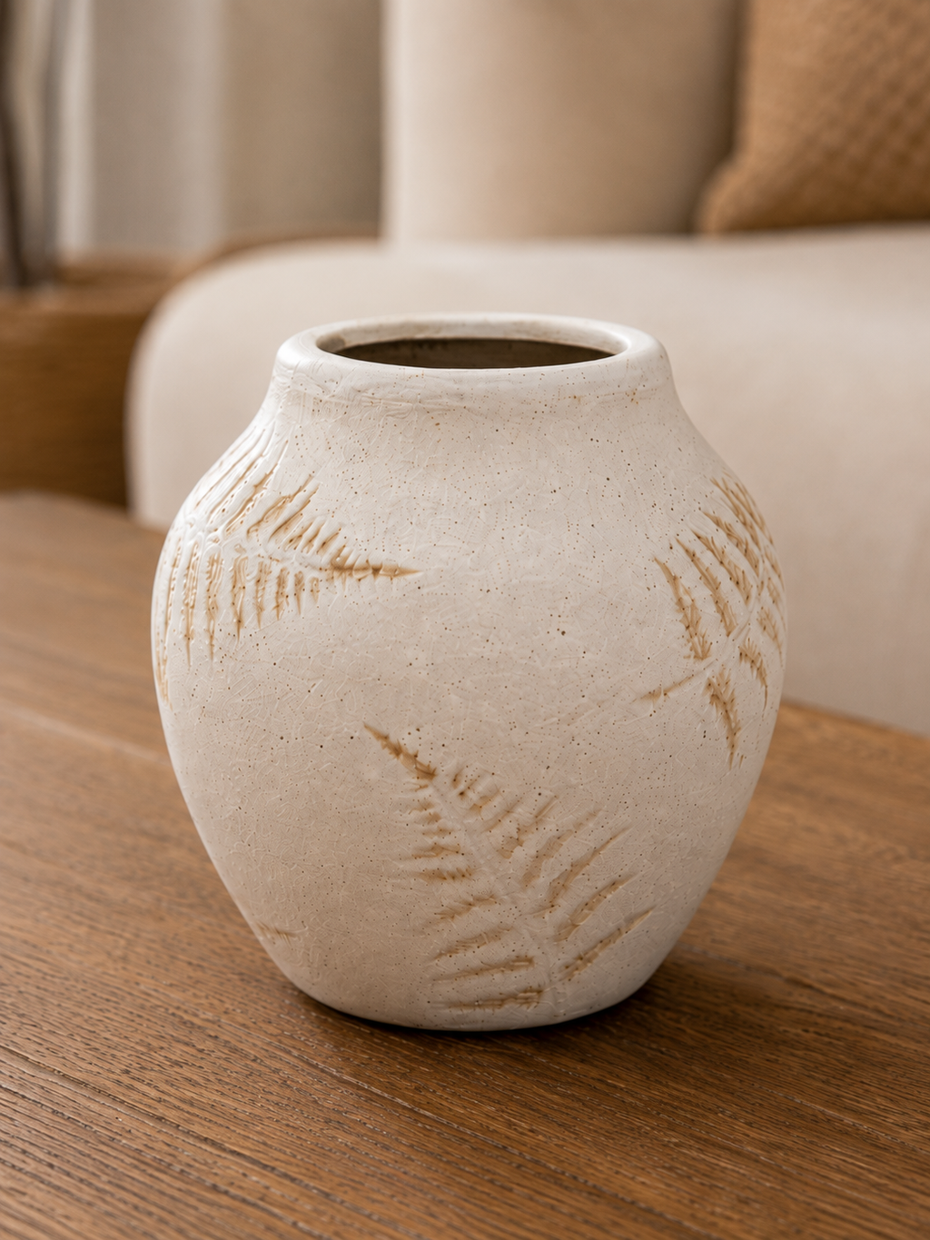 Neutral Embossed Fern Ceramic Vase – 14.5cm