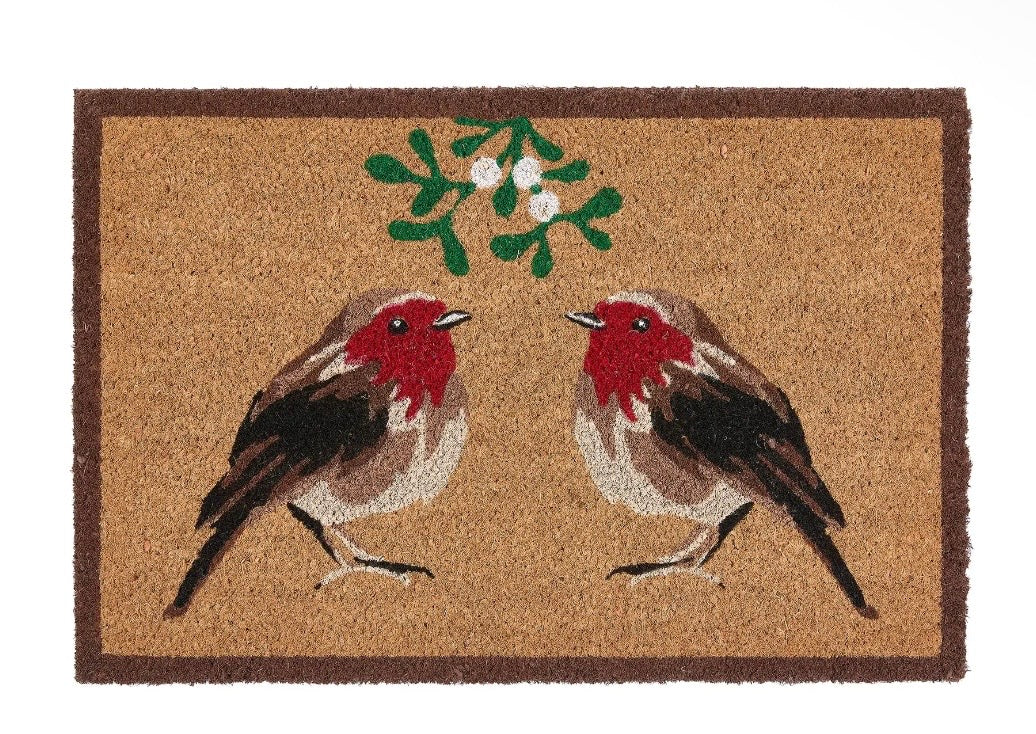 Christmas Robins Under the Mistletoe Coir Doormat