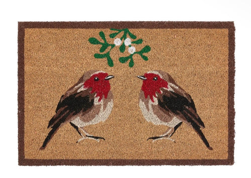 Christmas Robins Under the Mistletoe Coir Doormat