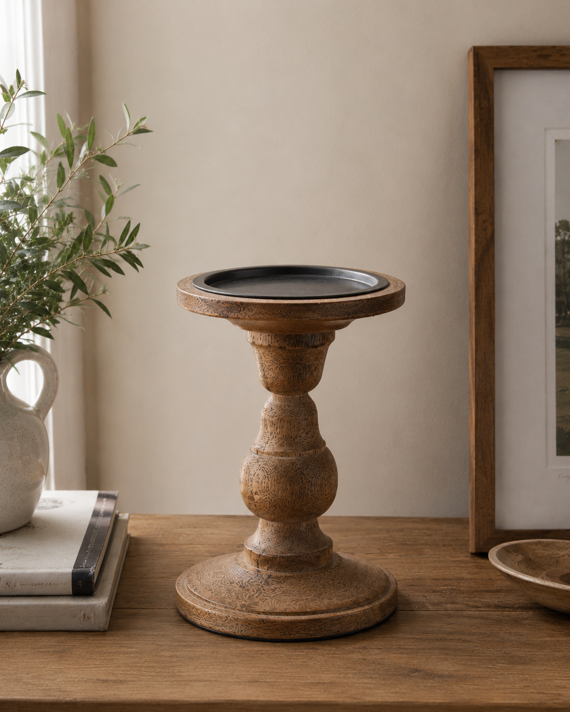 Rustic Wooden & Glass Pillar Candle Holder – 35cm