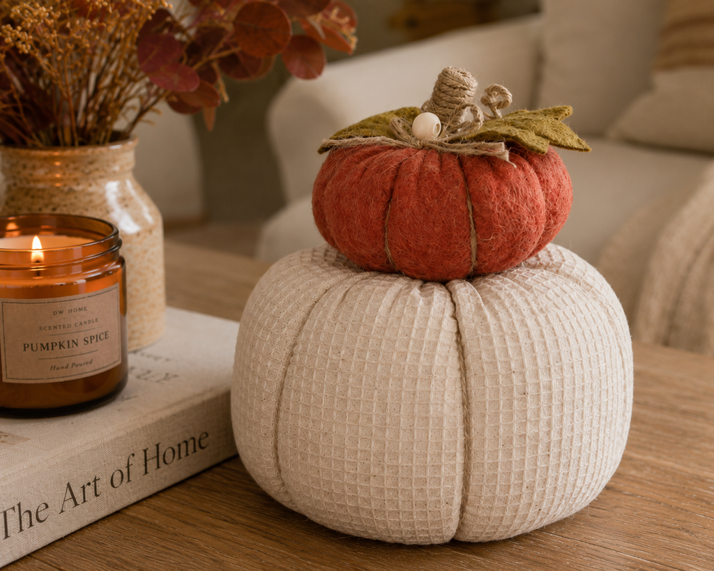 Stacked Fabric Pumpkin Decoration – Cream & Orange