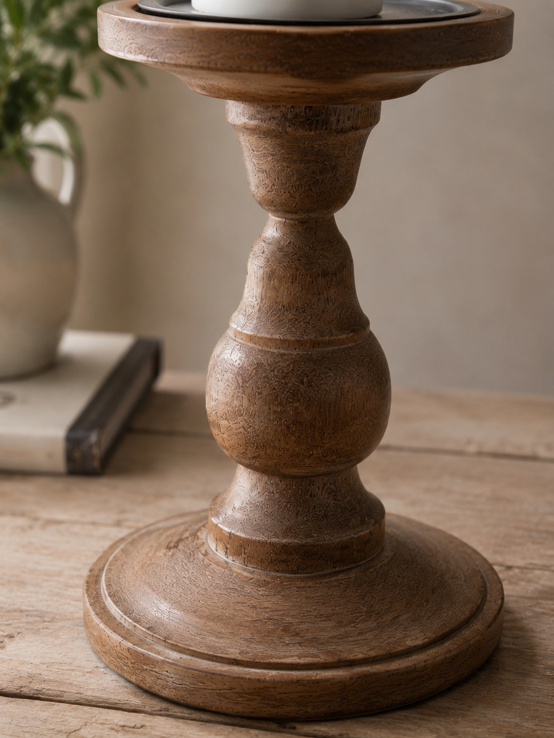 Rustic Wooden & Glass Pillar Candle Holder – 35cm