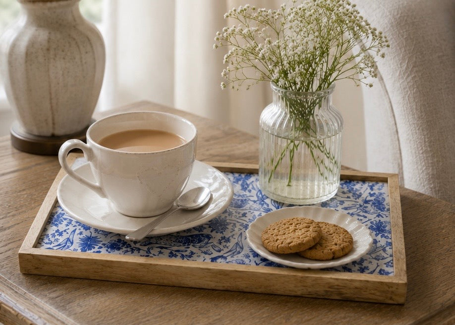 Blue & White Rabbit Enamel Wooden Tray – 30cm
