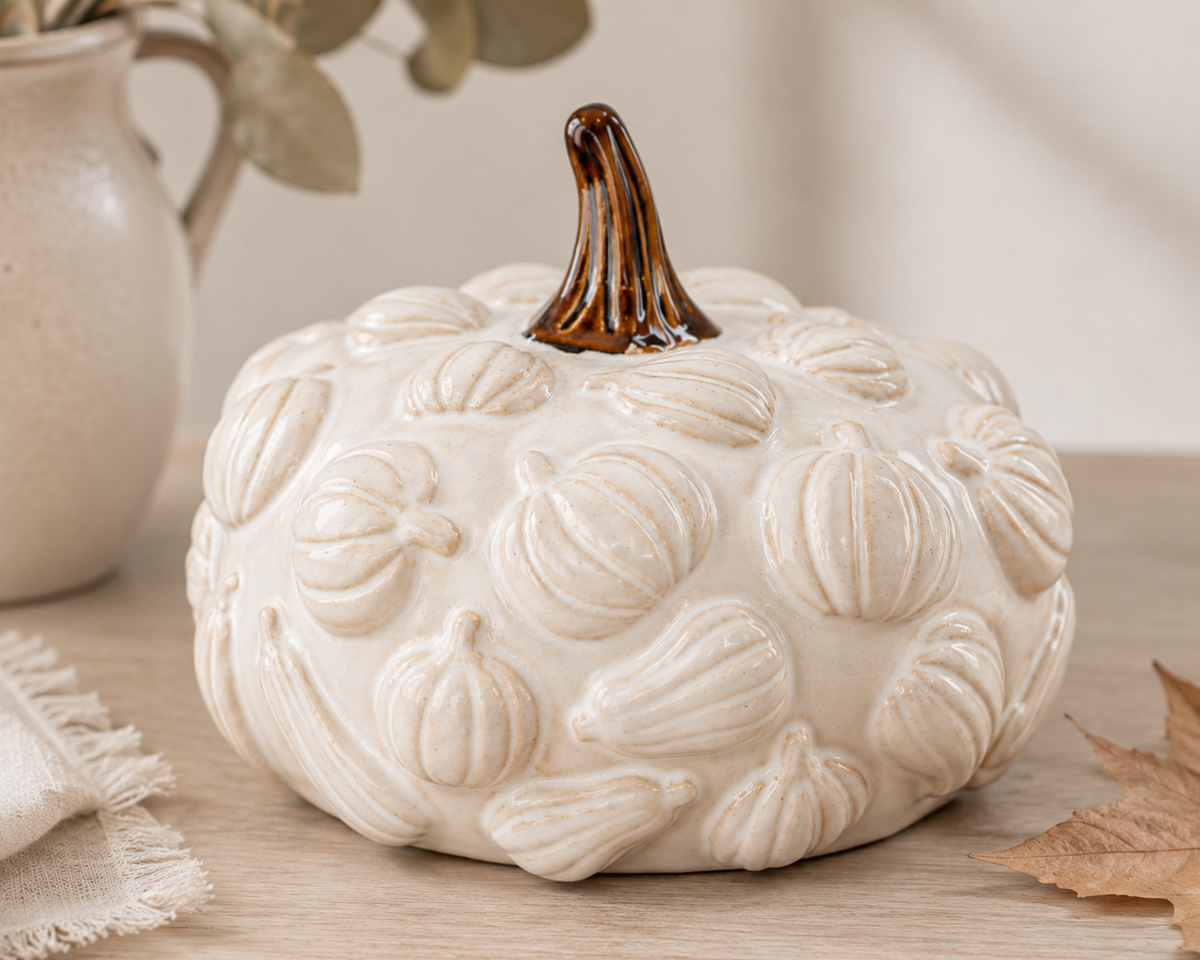 Neutral Ceramic Embossed Pumpkin