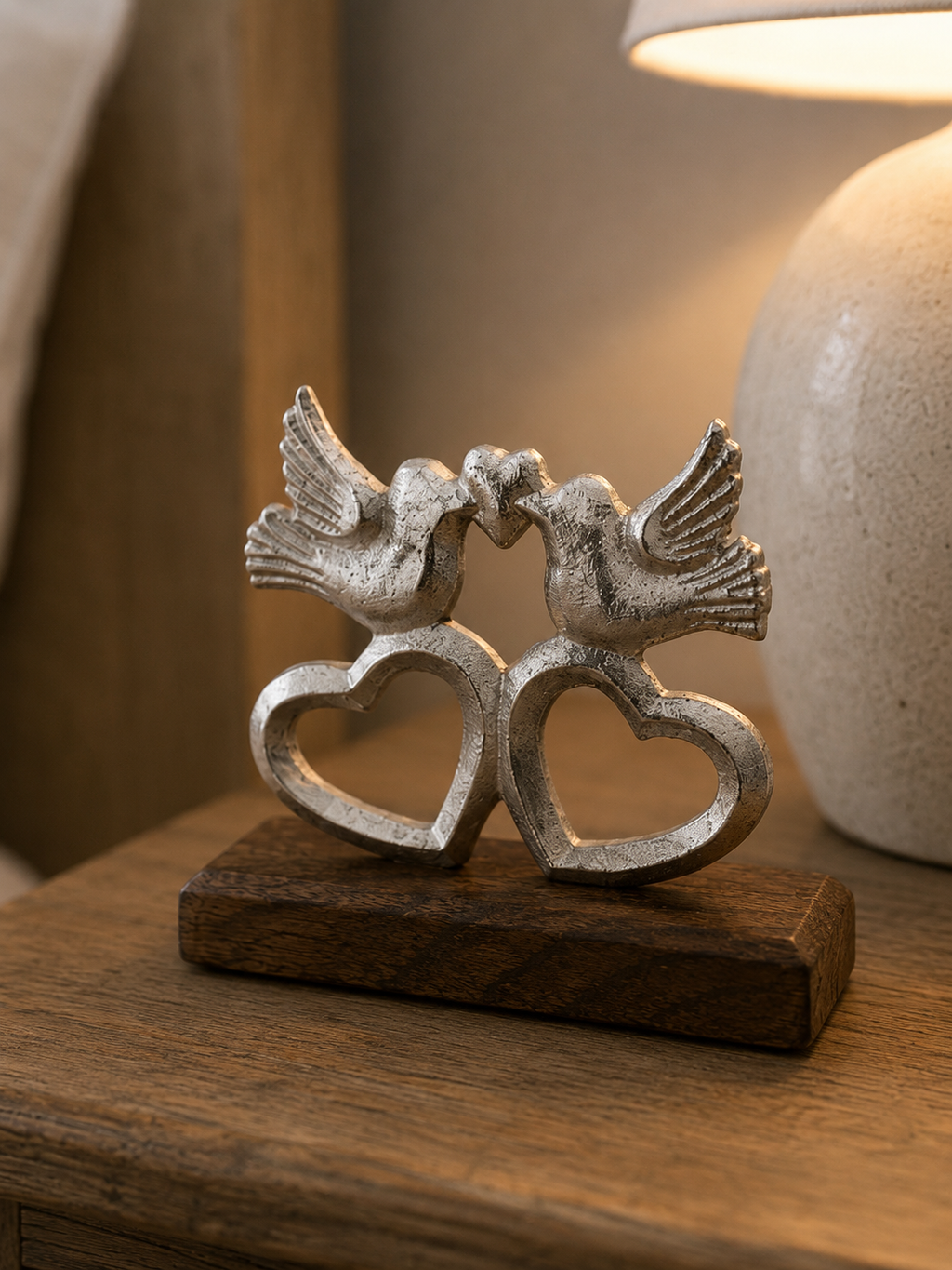 Love Birds & Hearts Ornament on Wooden Base – 12cm
