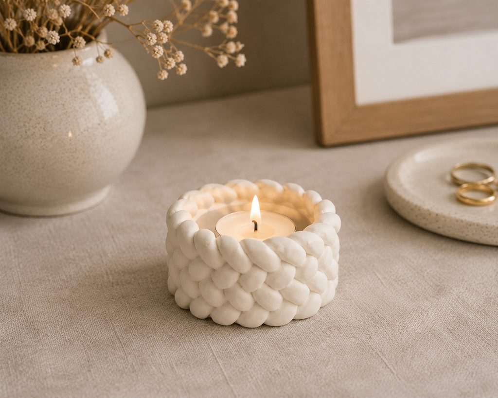 Handmade Braided Tealight Holder – Cream