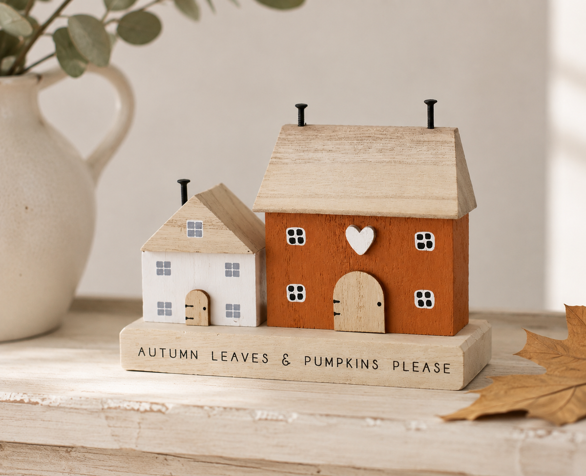 Autumn Leaves & Pumpkins Wooden House Decoration