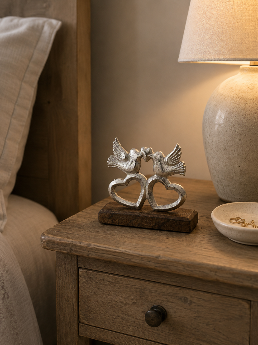Love Birds & Hearts Ornament on Wooden Base – 12cm