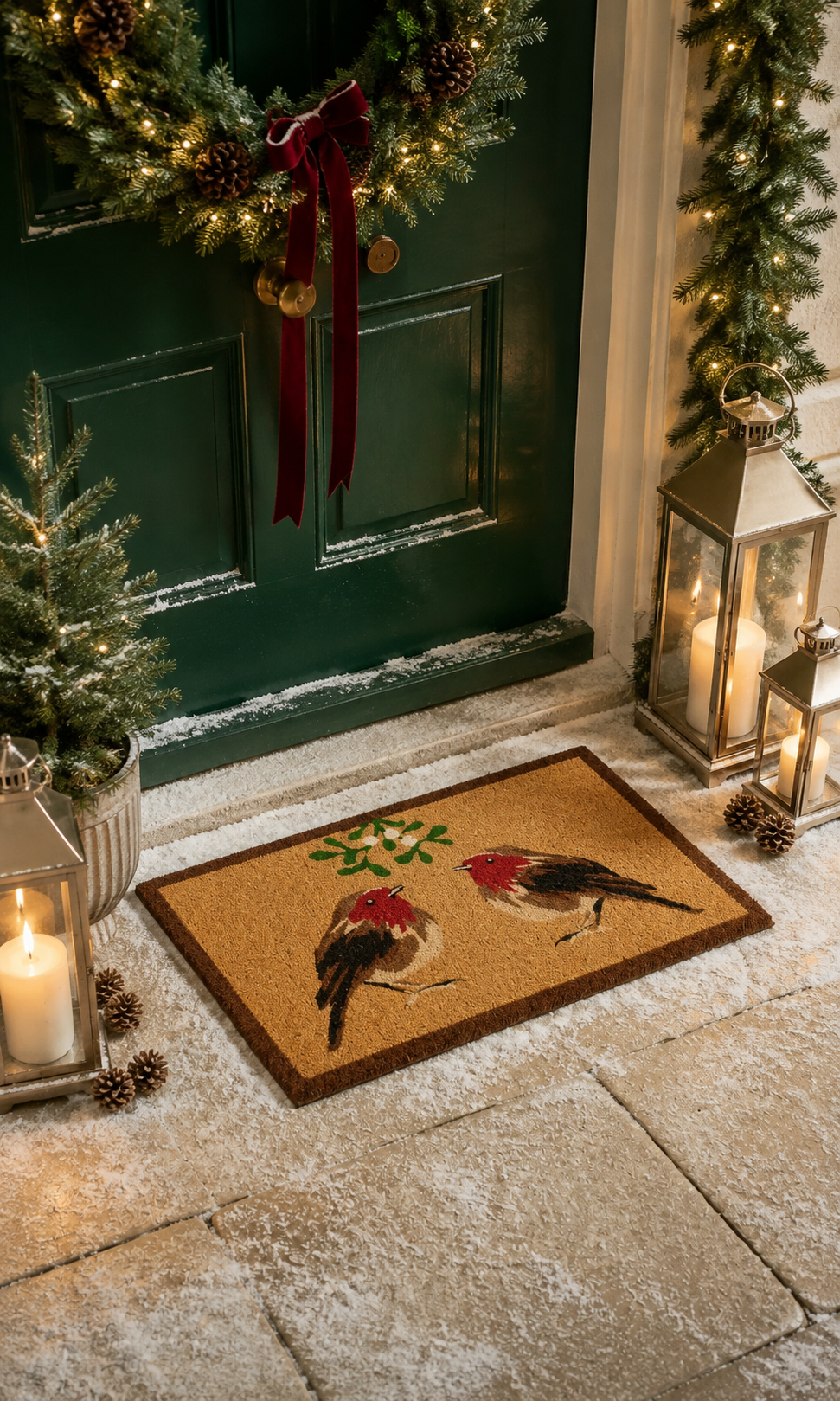 Christmas Robins Under the Mistletoe Coir Doormat