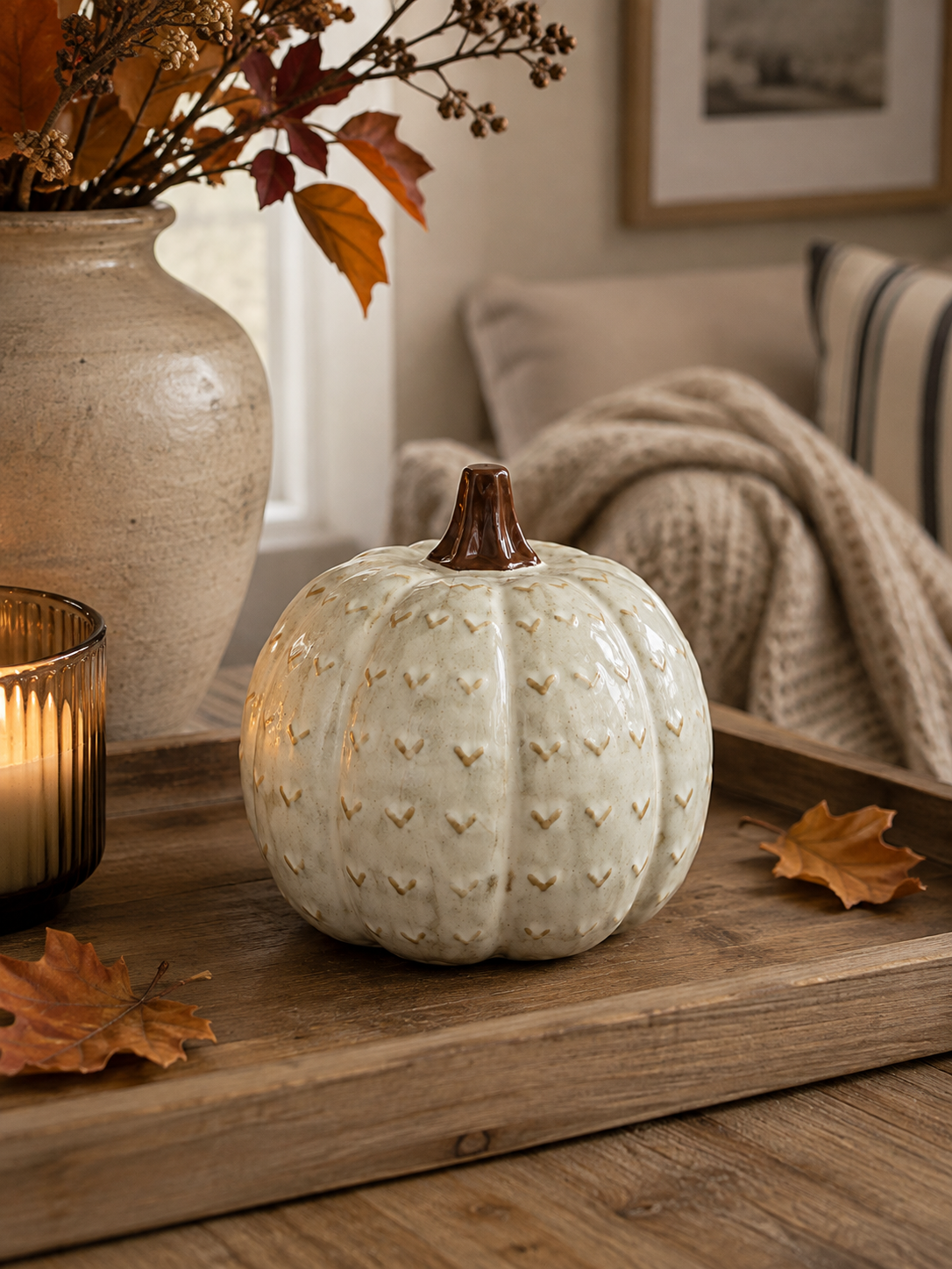 Cream Patterned Pumpkin Ornament – 13cm