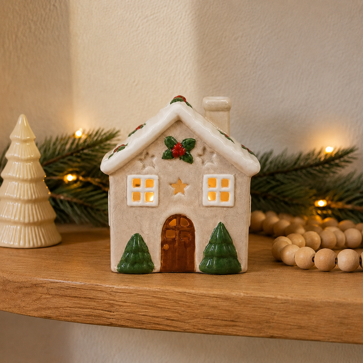 Ceramic Christmas Holly Candle House