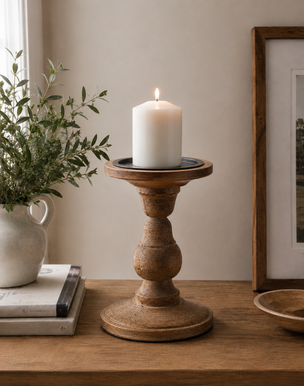 Rustic Wooden & Glass Pillar Candle Holder – 35cm