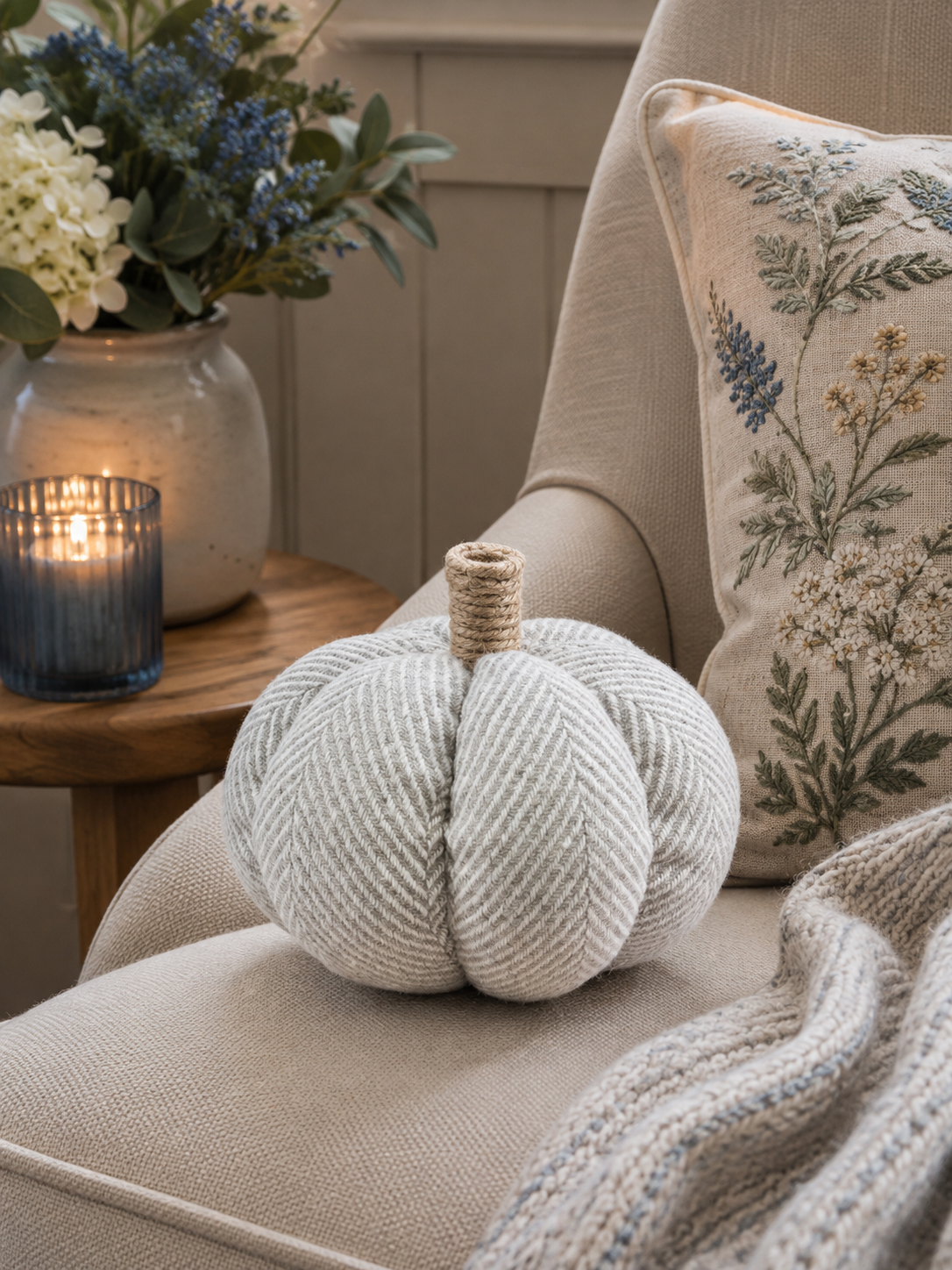 Grey Herringbone Fabric Pumpkin – 11cm