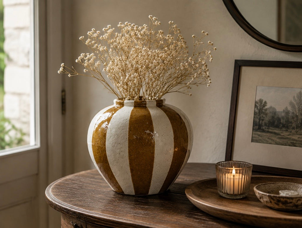 Betty Ochre Striped Ceramic Vase – 24.5cm