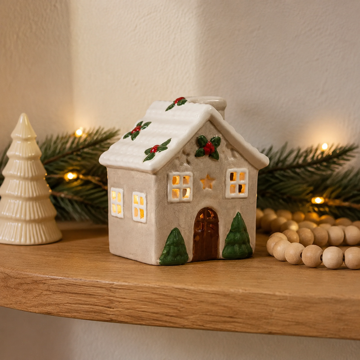 Ceramic Christmas Holly Candle House