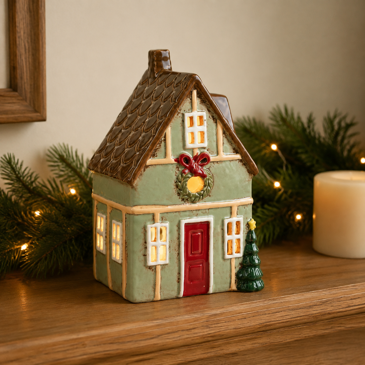 Large Green Ceramic Christmas Candle House – 22cm
