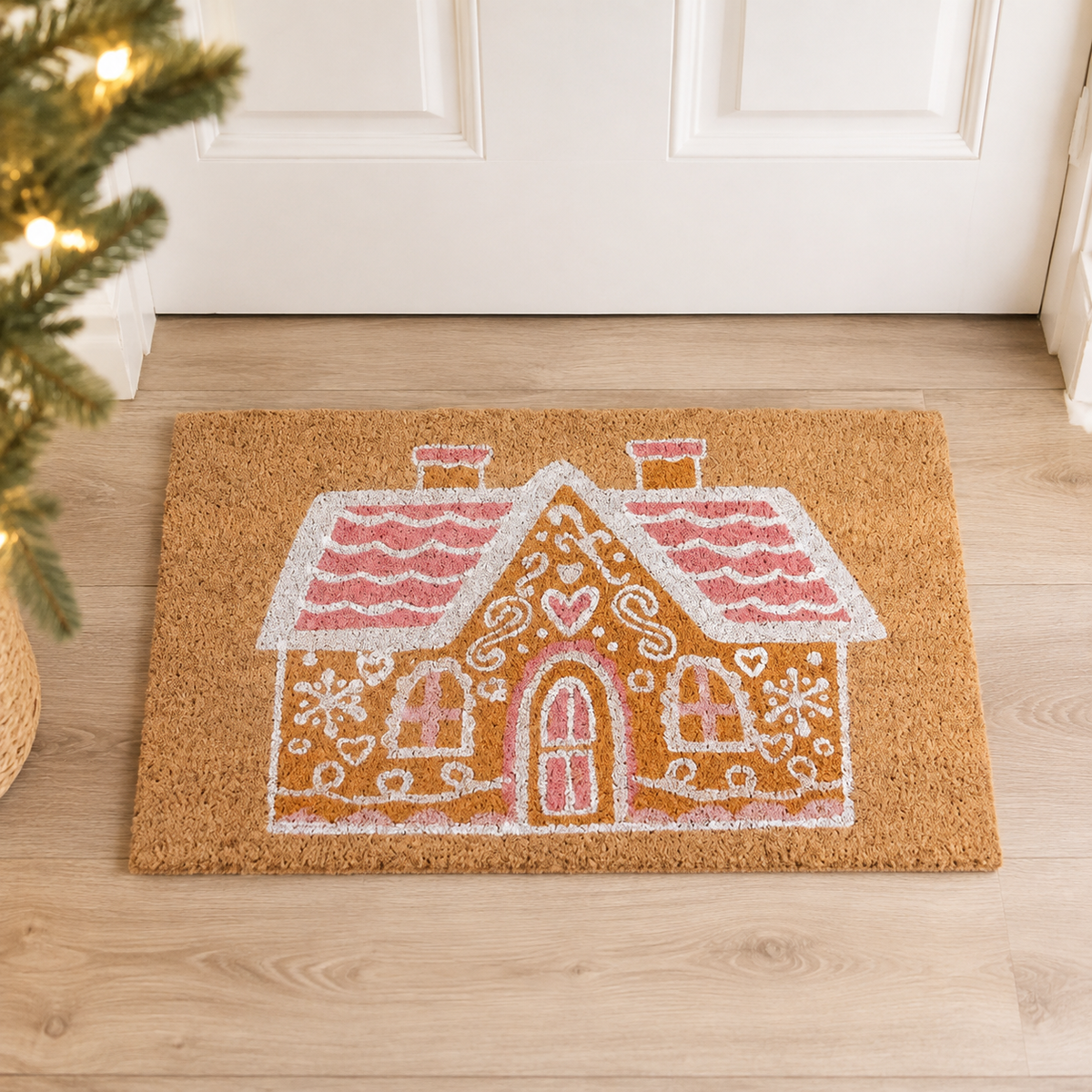 Pink Gingerbread House Christmas Doormat