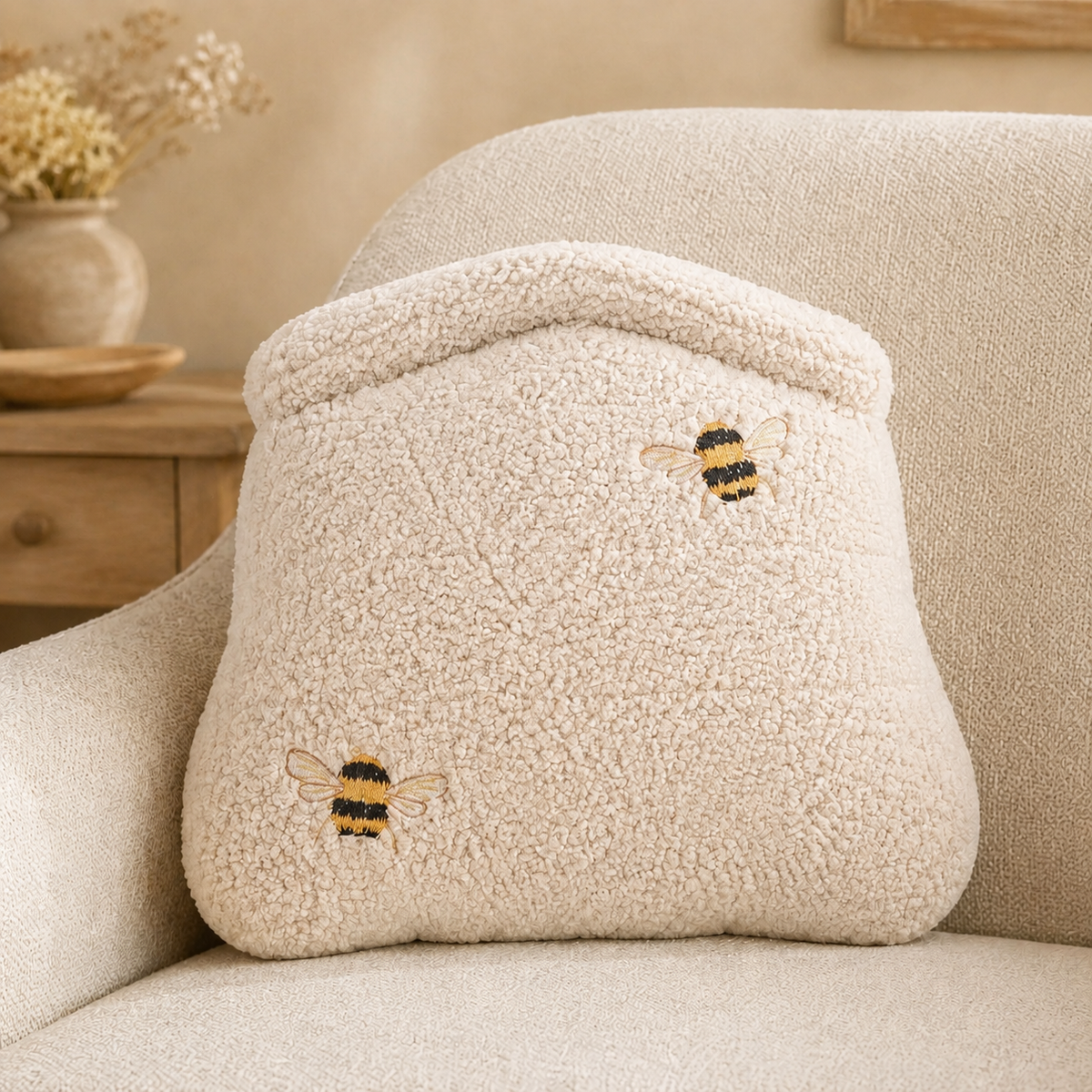 Cream Beehive Bouclé Cushion with Embroidered Bees
