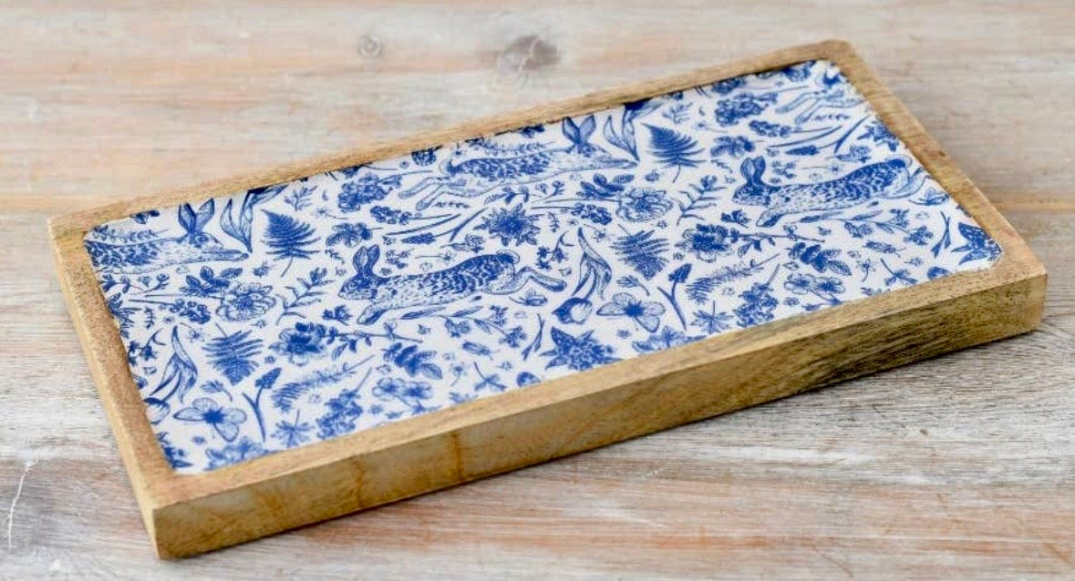 Blue & White Rabbit Enamel Wooden Tray – 30cm