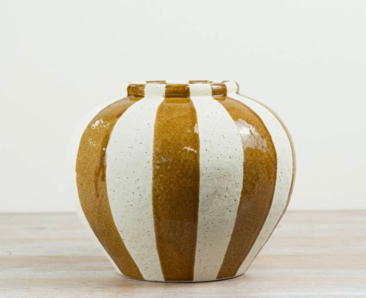 Betty Ochre Striped Ceramic Vase – 24.5cm