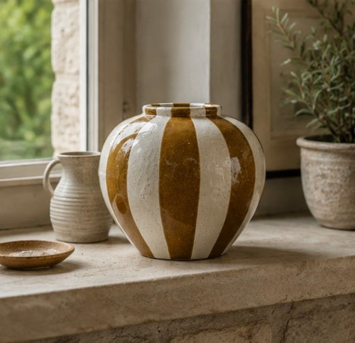 Betty Ochre Striped Ceramic Vase – 24.5cm